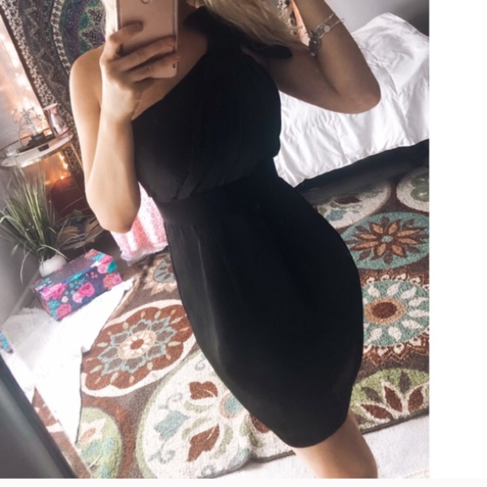 Black one shoulder cocktail dress with bow